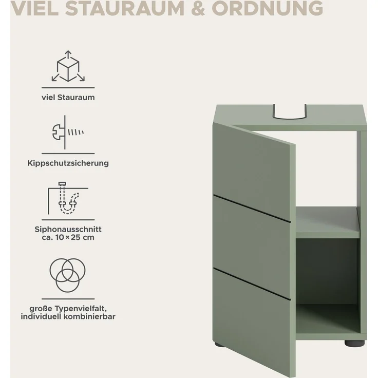 Waschbeckenunterschrank (B/H/T: 38x56x34 cm) in Smoke Green Nachbildung und schwarz – Bild 8