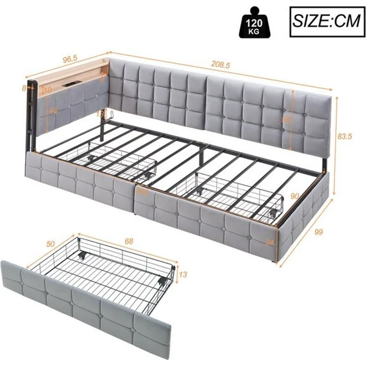 Odikalo Schlafsofa Daybett Stauraumbett Polsterbett USB Schubladen 90x200cm Grau/Beige – Bild 4
