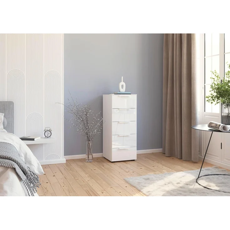 Rauch Möbel Flipp, schmale Hochkommode mit viel Stauraum für Flur, Wohnzimmer, Schlafzimmer, Alpinweiß/Glasfront Weiß, 5 Schubkästen, Griffe weiß, 40 x 100 x 42 cm – Bild 2