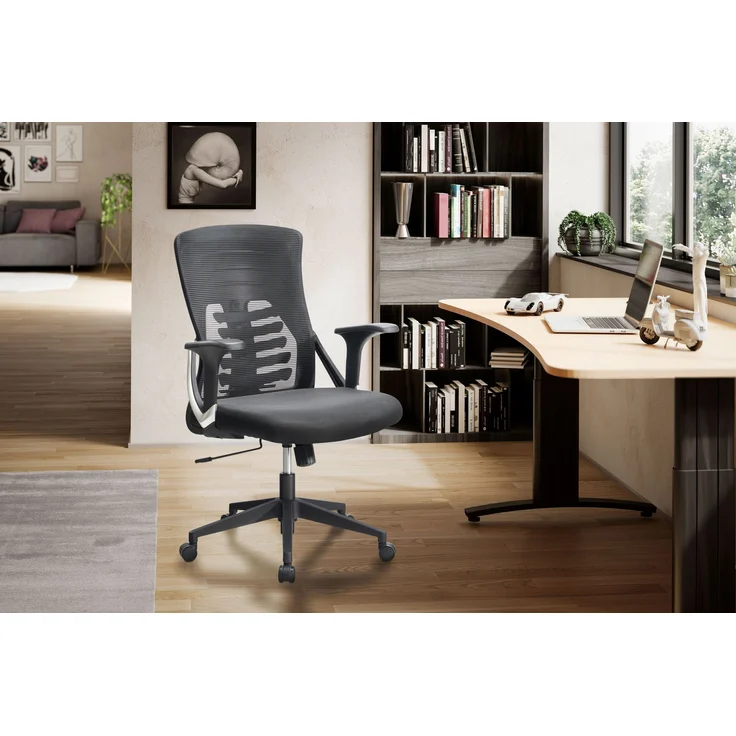 FineBuy Bürostuhl Mesh-Bezug Schreibtischstuhl bis 120 kg, Drehstuhl höhenverstellbar mit Lendenwirbelstütze, Stoff-Schreibtischsessel ergonomisch mit Armlehnen & Wippfunktion – Bild 2