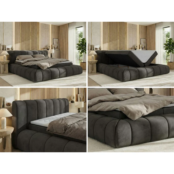 Boxspringbett NUBEA mit 2x Bettkasten & Multipocket-Kern, inkl. Topper T25, Doppelbett mit Stauraum, 200x200 cm, massives Ehebett - H3 - Dunkelgrau Velvet – Bild 2
