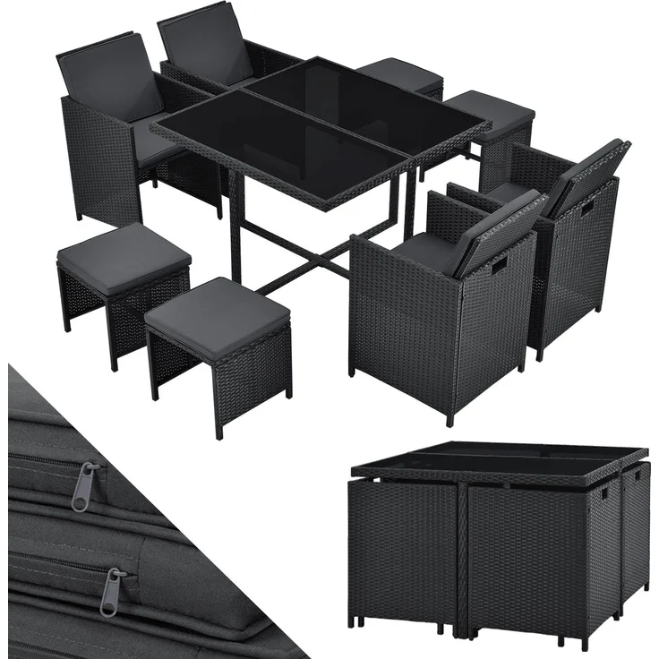Juskys Polyrattan Sitzgruppe Baracoa L 9-teilig wetterfest & stapelbar – Gartenmöbel Set mit 4 Stühle, 4 Hocker & Tisch für Garten & Terrasse – Bild 1
