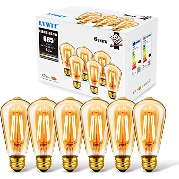 LVWIT Edison Vintage Glühbirne E27 ST64 6.5W, 685LM, 2500K Warmweiß Ideal für Nostalgie und Retro Beleuchtung im Haus Café Bar (6er Pack) – Bild 9