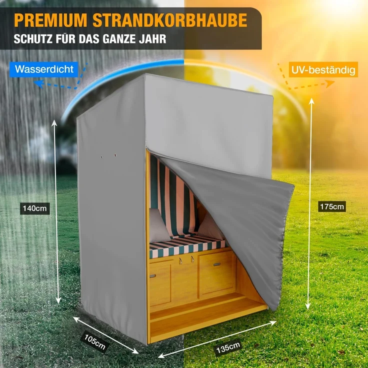 Kronenburg Strandkorb-Schutzhülle Wasserdicht & winterfest, für alle Strandkörbe, 420D Oxford Gewebe, 135x105x175cm, 2 Reißverschlüsse, Belüftungslöcher – Bild 2