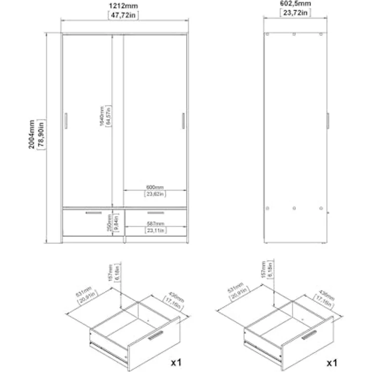 Dmora - Kleiderschrank 2 Türen Leonore, Schlafzimmermöbel, Schrank, Garderobe, 121x60 h200 cm, Schwarz und Eiche – Bild 2