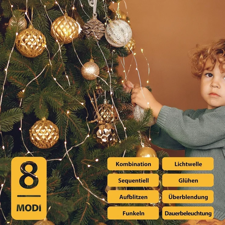 Salcar Lichterkette LED Kupfer Lichterkette Weihnachtsbeleuchtung für Innen & Außen Deko, 20m 200 LED Silberfarbener-Kupferdraht, Netzteil, Warmweiß – Bild 2