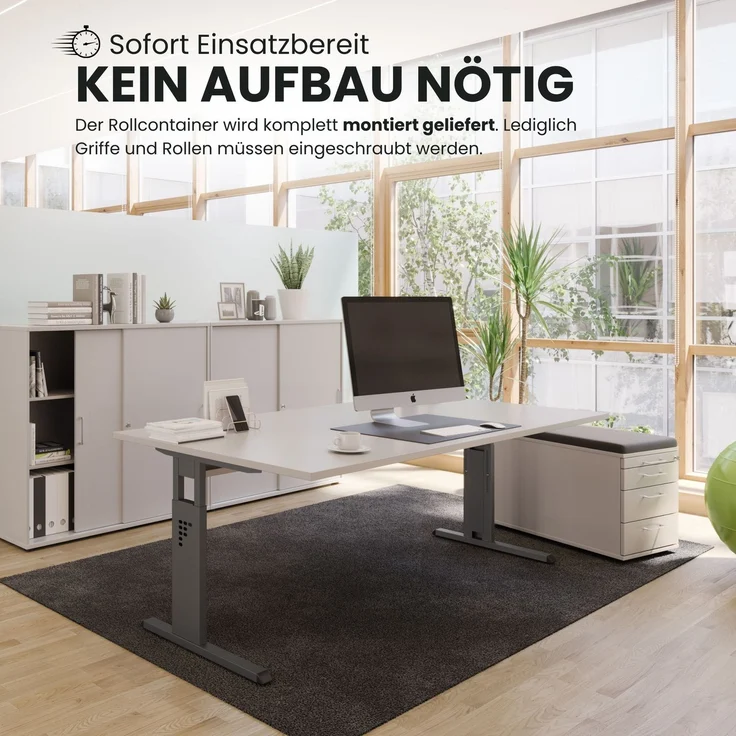 bümö Rollcontainer mit Schubladen, Container abschließbar aus Holz in graphit - Rollwagen für's Büro als Schreibtisch Unterschrank, Bürocontainer od. Schreibtischcontainer mit Bügelgriffe, TC30-G-G-BS – Bild 5