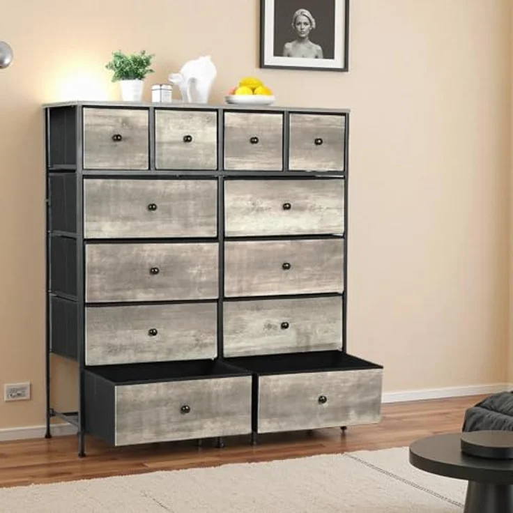 Clevich Stoff-Kommode, Schminktisch Schrank, Aufbewahrungsschrank, 12 Schubladen aus Stoff, Metallrahmen, industrieller Stil, für Wohnzimmer, Flur, Schlafzimmer (Grau) – Bild 5