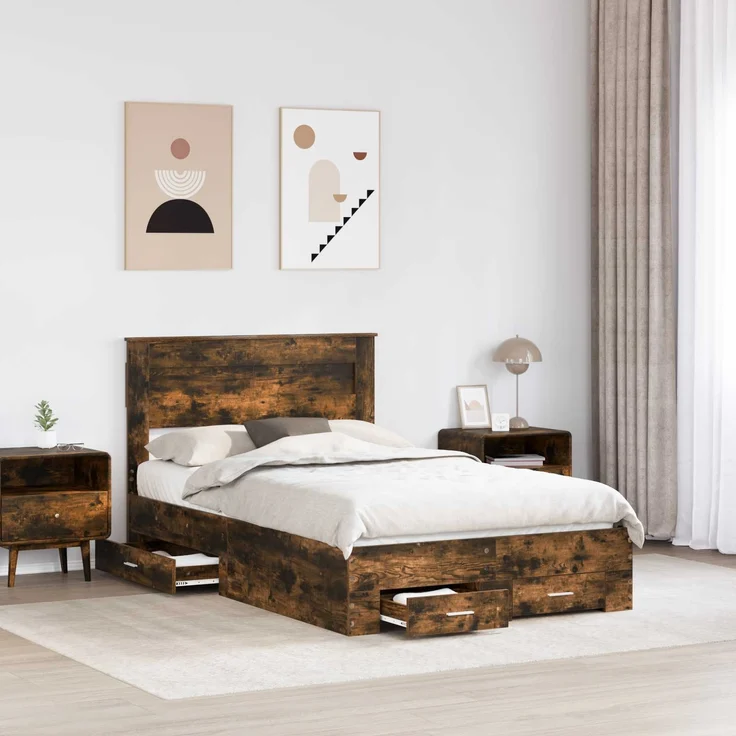 vidaXL Bettrahmen Geräucherte Eiche 135 x 190 cm Holzwerkstoff 3409999 – Bild 2