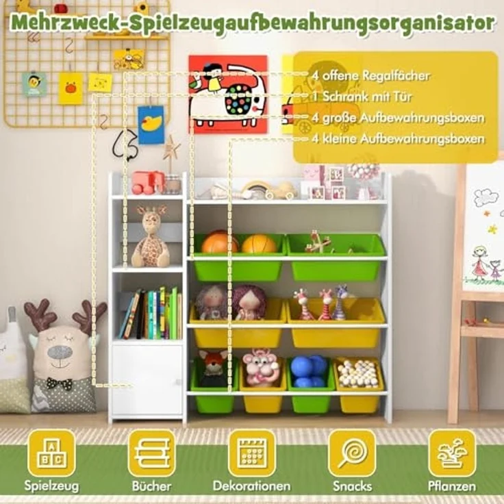 FANTASK Spielzeug-Organizer Bücherregal mit 8 Aufbewahrungsboxen, 2 offenen Regalen & Schrank, 4-stöckiges, 120 kg belastbar, Weiß – Bild 6