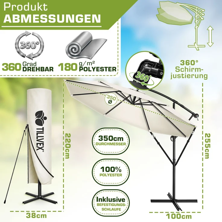 tillvex Sonnenschirm Beige Ø 350 cm Ampelschirm Gartenschirm Marktschirm Kurbel Balkon Alu Neigbar Beige - Ø350cm – Bild 2