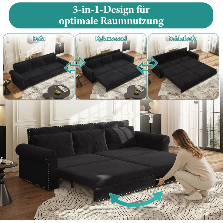 Schlafsofa 238x90x98 cm, 3-in-1 ausziehbar mit Samtbezug und verstellbaren Rückenkissen – Bild 7
