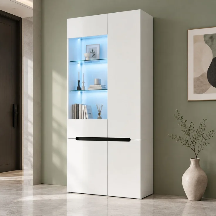 Vitrine 80x35x180 cm in Weiß, mit 4 Türen, LED-Licht und 8 Fächern – Bild 2