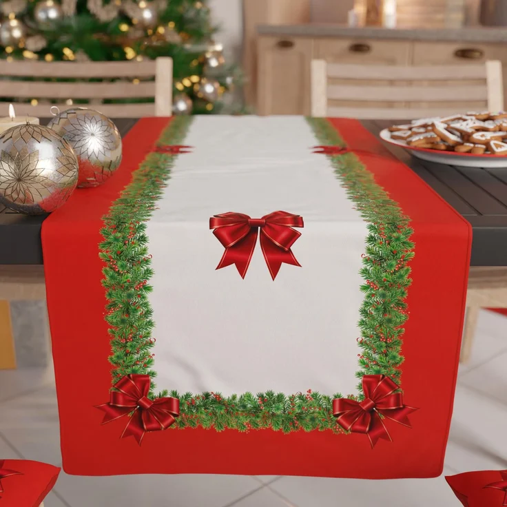 PETTI Artigiani Italiani - Weihnachtstischläufer, Küchenläufer 140x40 cm, Eleganter Weihnachtstischläufer mit roter Schleife, 100% Made in Italy