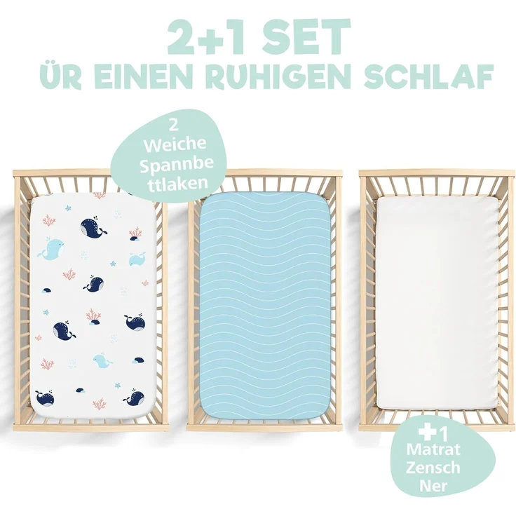 2X Spannbettlaken aus 100% Baumwolle mit Gummiband - 1X Matratzenschoner aus 100% wasserdichtem Material - 3er-Set - 50x83 cm - Ozean – Bild 2