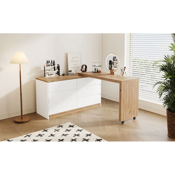 ZUBALIYA Schreibtisch mit feststellbaren Rollen – multifunktionales Design, 4 cm dickere, drehbare Tischplatte, fest arretierbar, weiß/Eiche, Faltbarer Schreibtisch, Eckschreibtisch, Sideboard,Dicke Materialie – Modell N880P4642189O – Bild 18
