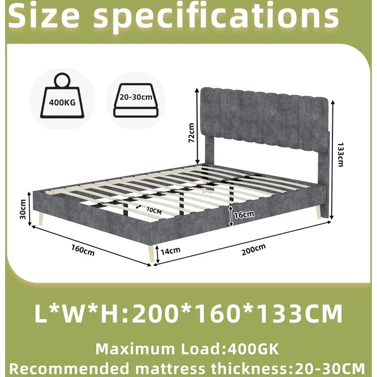 Novelux Modernes Polsterbett 160x200 cm mit weichem Kopfteil – Samtstoff Grau, Massivholz Bettrahmen, Minimalistisches Design ohne Matratze – Bild 2