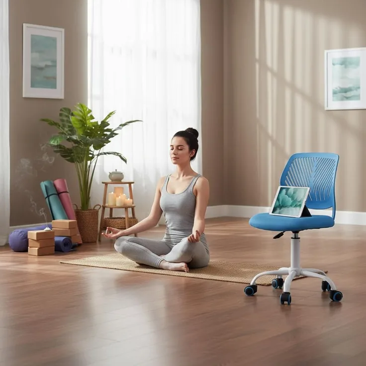 FurnitureR Meditationsbank ergonomischer Drehstuhl, höhenverstellbar, Netzrückenlehne, Metallfuß mit Rollen, Sitz 38x40cm, Rückenlehne 32cm, 130kg Tragkraft, Blau