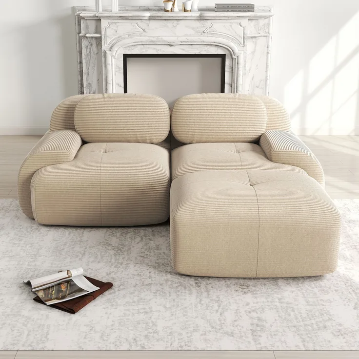 Ecksofa aus weichem Cordstoff,modular kombinierbar mit gebogenen Armlehnen ohne Montage hochelastische Schaumstoffpolsterung für Wohnzimmer Ruhezonen und Schlafzimmer,Cordstoff,Beige,