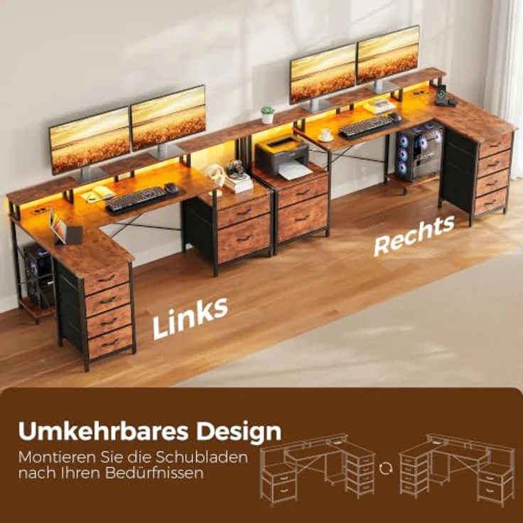 IRONCK Schreibtisch L Form Gaming Tisch mit LED & Steckdosen 2AC+1USB+1C, 189x100cm Eckschreibtisch mit 6 Schubladen&Monitorständer, Reversible Computertisch mit Stauraum für Home Office Vintagebraun – Bild 6