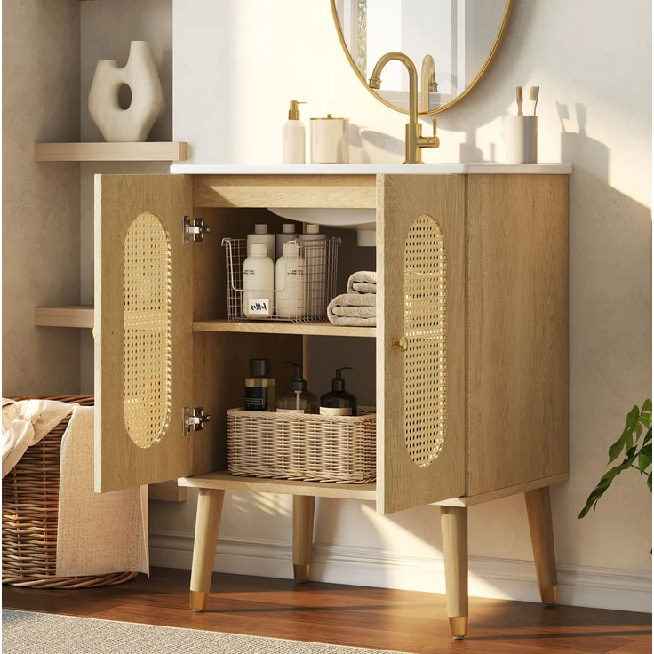 Badunterschrank 61 x 47 x 89 cm mit Keramikwaschbecken, Rattantüren und Stauraum – Bild 3