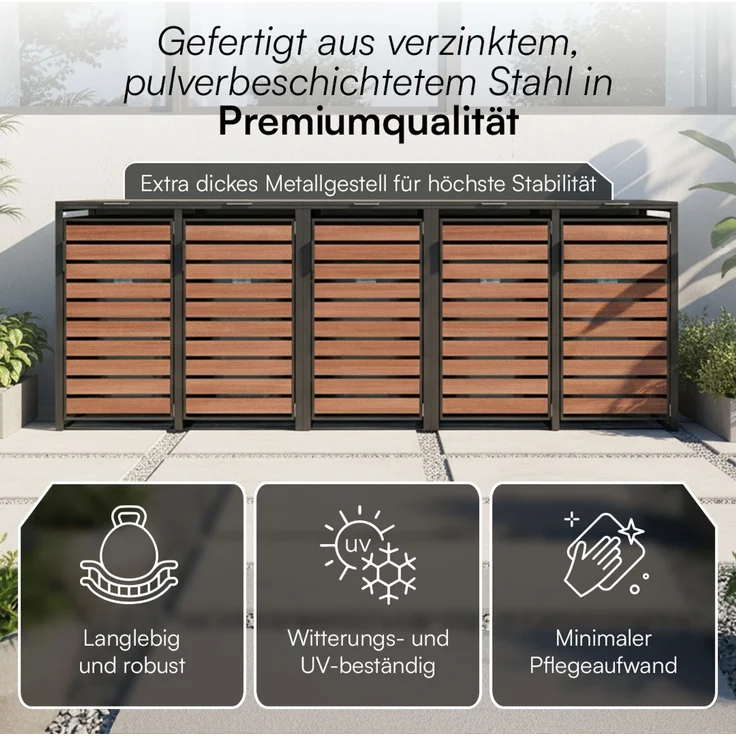 STEELSØN 'Kestra' Mülltonnenbox 5er je 240 Liter, graphitschwarz mit Nußbaum-Holzoptik, Mülltonnenverkleidung aus Stahl, wetterfest, 116x80x337 cm, Müllbox für 5 Tonnen – Bild 4