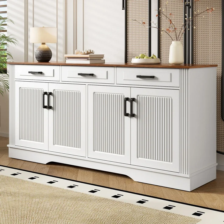 Merax Wohnzimmerschrank, Sideboard, 3D-vertikale Streifen, 3 Schubladen, 4Türen, Korpus aus MDF, Weiß – Bild 3