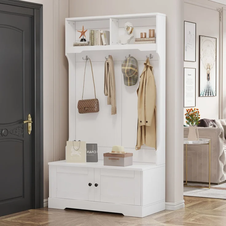 Flurschrank, Garderobenschrank mit Sitzbank, weiß, 101,5x37x183 cm (BxTxH), mit Haken & Stauraum – Bild 2
