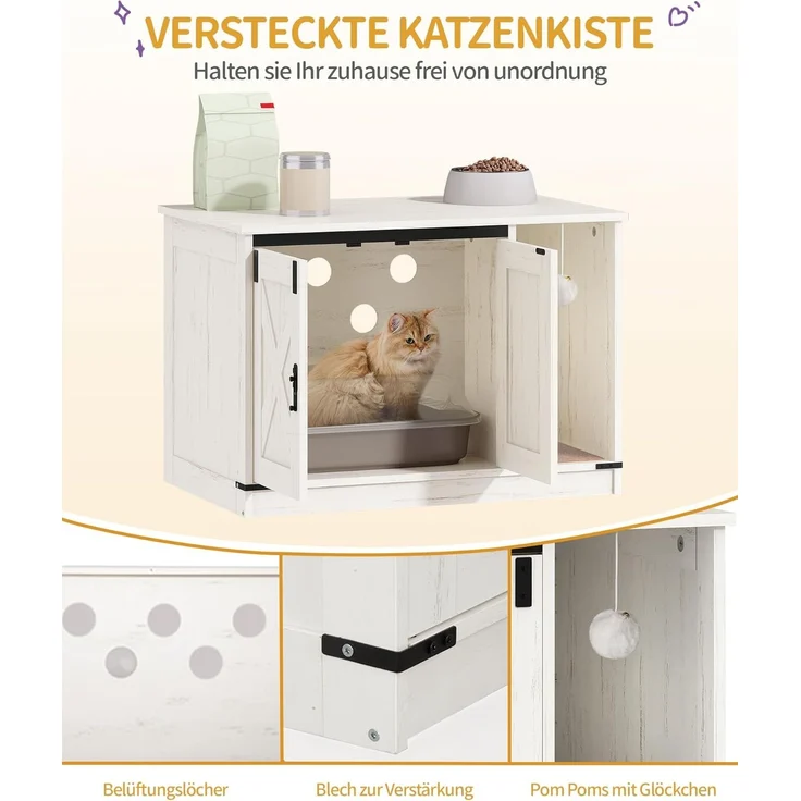 Katzenschrank, Katzentoilette, Katzenklo Schrank, Versteckte Katzentoilette Kabinett Möbel mit Katzenglocke, Indoor-Katzenhaus, 80 x 50 x 53 cm, für Flur, Schlafzimmer, Weiß – Bild 5