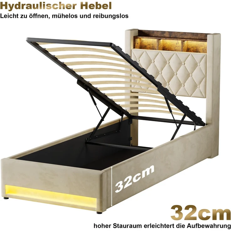 Polsterbett 90x190 cm, Beige Samt, hochelastische Polsterung, Lattenrost (ohne Matratze) – Bild 9