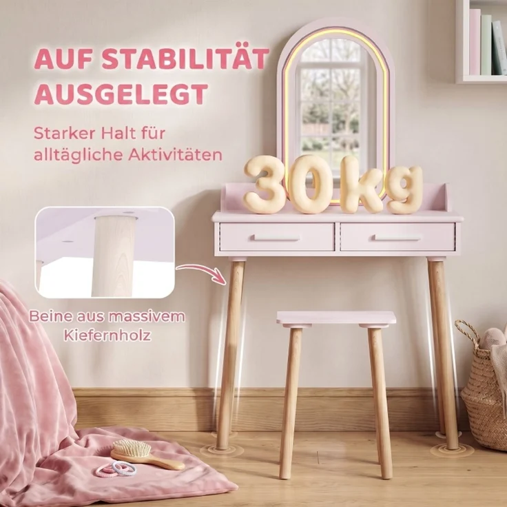 inder Schminktisch Set 2 in 1 Frisiertisch Schreibtisch mit Hocker LED-Spiegel in 3 Lichtfarben 2 Schublade 3-8 Jahre--Rosa--60x36x100cm--YOUDENOVA – Bild 7