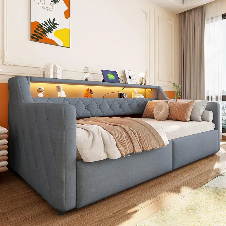 Schlafsofa mit LED-Beleuchtung und Aufbewahrung, Polsterbett mit Lattenrost, 90x200 cm, Einzelbett, Jugendbett, Leinen – Bild 4