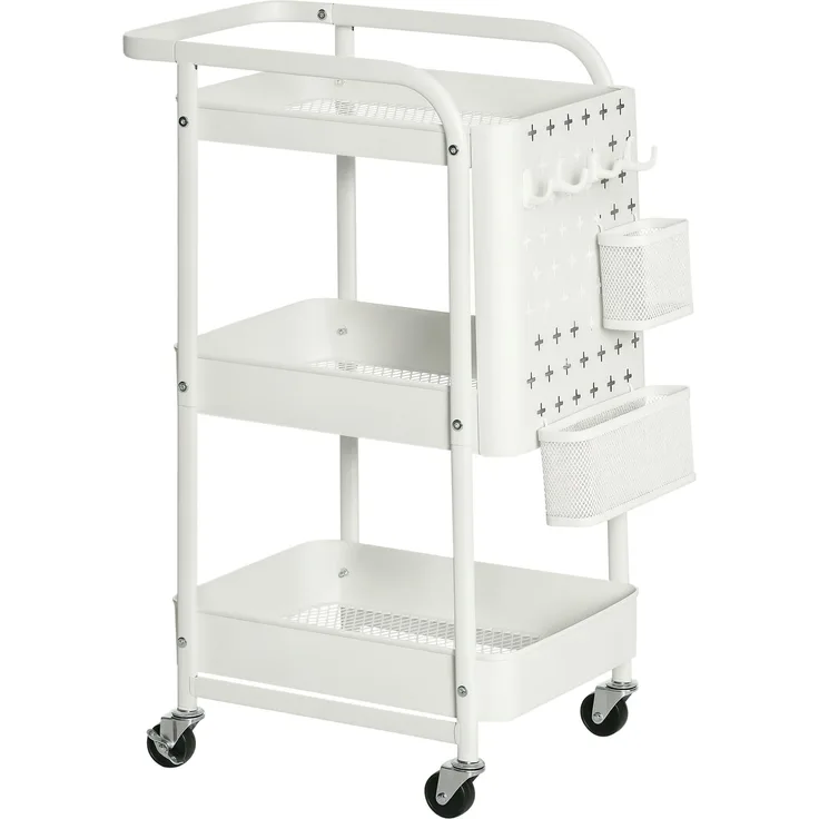 HOMCOM Servierwagen mit 3 Ebenen Küchenwagen mit Rollen Griff Rollwagen mit Haken und Korb, Küchenregal, Allzweckwagen für Küche Büro Badezimmer, Weiß