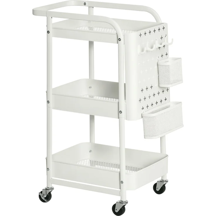 HOMCOM Servierwagen mit 3 Ebenen Küchenwagen mit Rollen Griff Rollwagen mit Haken und Korb, Küchenregal, Allzweckwagen für Küche Büro Badezimmer, Weiß
