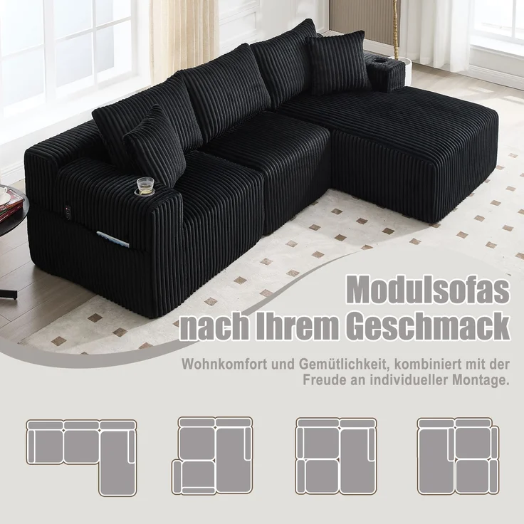 Modulares Sofa Set mit Chaiselongue & 2-Sitzer in Schwarz, weicher Cordbezug, 5 Kissen, Getränkehalter – Bild 7