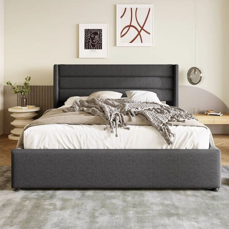 Odikalo Stauraumbett Polster Doppelbett 140/160/180 Lattenrost mit/ohne Matratze Beige/Grau – Bild 3