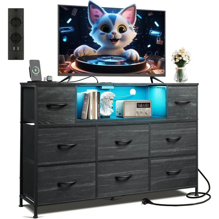 WLIVE Kommode mit 8 Stoffschubladen, LED-Beleuchtung und Ladestation (Aufbewahrungsschrank mit Holzplatte und Metallgestell, Aufbewahrungsschrank mit Holzplatte und Metallgestell), Schlafzimmerkommode für Wohnzimmer, Flur und Schlafzimmer