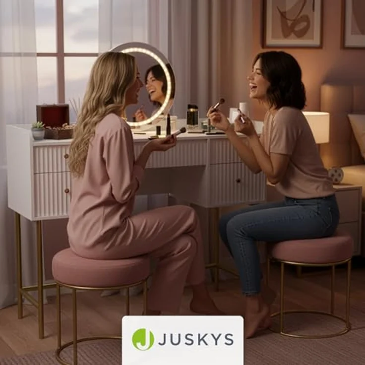 Juskys Schminktisch Samira & Hocker Melly mit Touch-LED-Spiegel, 5 Schubladen, viel Stauraum & elegantes Design für Schlafzimmer & Make-up – Weiß/Gold – Bild 8