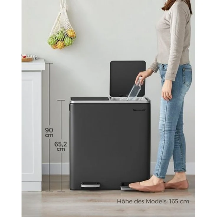 Songmics Mülleimer mit 2 Fächern und Softclose, luftdicht inkl. Müllbeutel, Metall, 60 (2x30) Liter, Schwarz – Bild 5