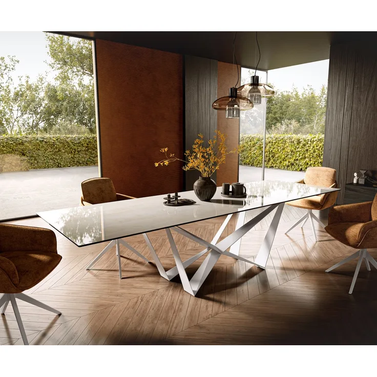 Esstisch Edge 300x100 cm Keramik Onyx Champagne Spider Metall Weiß