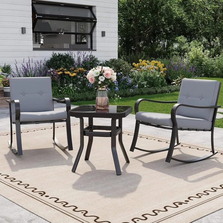 GarveeHome 3-teiliges Bistro-Set für den Außenbereich – 2 Schaukelstühle mit warmgrauen Kissen & Glastisch, Gartenmöbel-Set für Garten, Terrasse, Pool und Balkon (Grau) – Bild 9