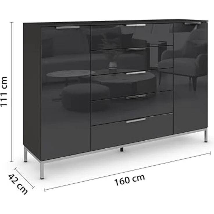 Rauch Möbel Flipp, Nachttisch für Schlafzimmer, Flur, Garderobe, 2-türig, 5 Schubladen, mit Softclose-Funktion, Farbe Front Glas Schwarz, Breite 160 cm – Bild 3