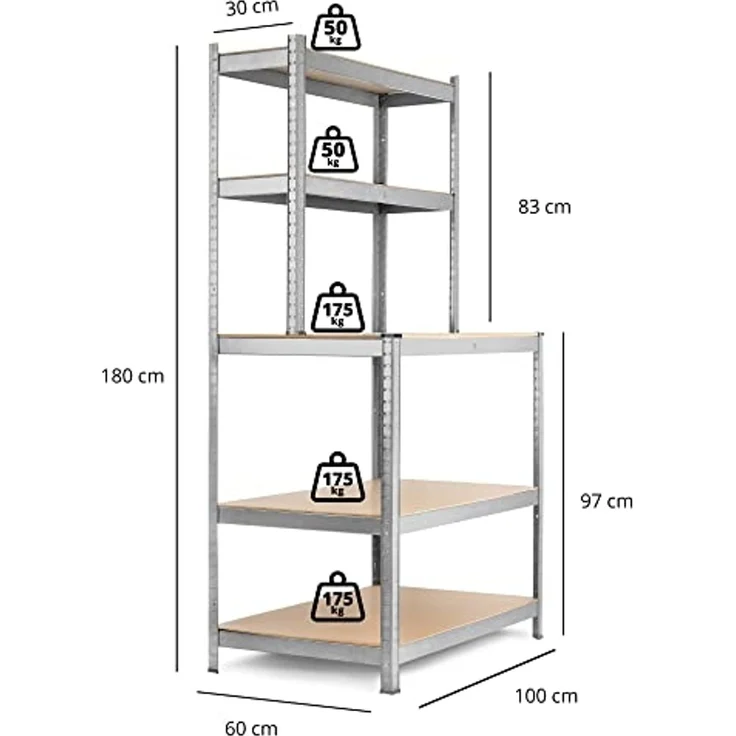 Stagecaptain Werkbank Werkbankregal - Robustes Steckregal für Werkstatt, Lagerraum, Keller, (WBR-175, 1-tlg), Tragkraft gesamt: 625 kg – Bild 3