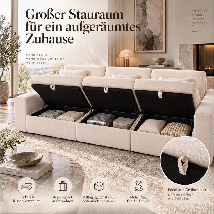 HOMAVO Ecksofa Schlafsofa, Couch L-Form, keine Montage erforderlich, inkl. Zierkissen, FSC® modulares Sofa, optionale Schlaffunktion & flexible Ottomane, Größe modular anpassbar, Stauraum je Sitz & edles Chenille für Komfort – Bild 4