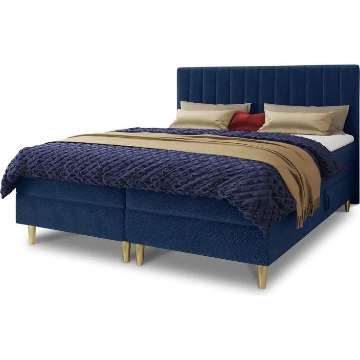 Boxspringbett Gold mit 2 Bettkästen und Topper - Doppelbett, Bonell-Matratze, Polsterbett, Bett mit Matratzentopper, Schlafzimmer, Velours Stoff (Blau (Manila 26), 160x200 cm)