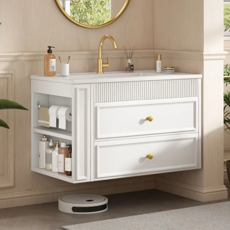 Flieks wandhängender Waschtischunterschrank, Badezimmerschrank mit Keramikwaschbecken, Schubladen & seitlichem Regal, 81 x 47 x 52 cm, weiß