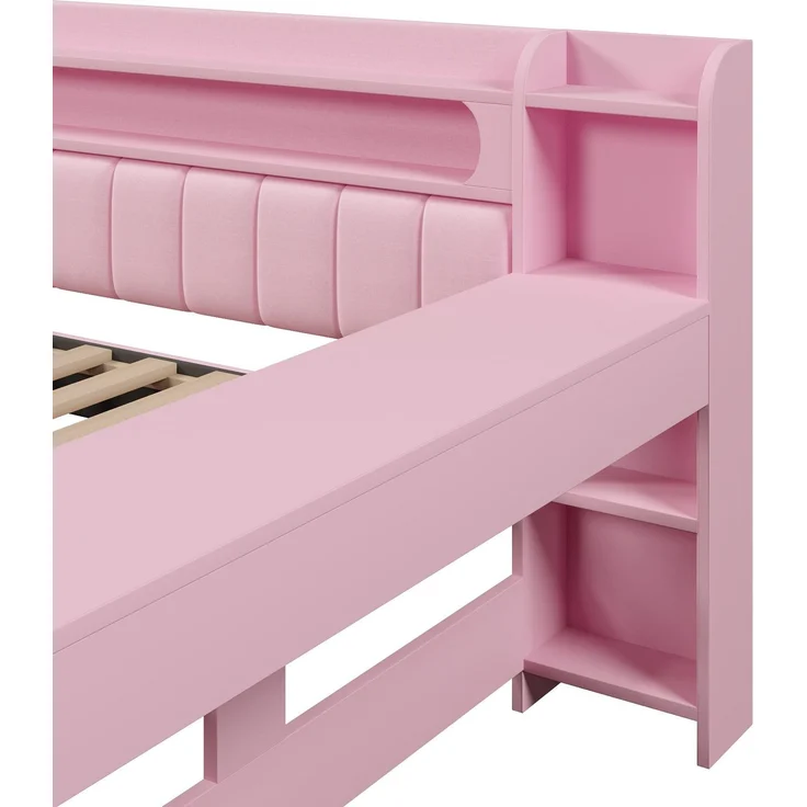 Stauraumbett mit gepolstertem Kopfteil, Schreibtisch und LED-Beleuchtung (140x200cm, Lattenrost, Regal, Schubladen, USB und Type-C), Doppelbett – Bild 9