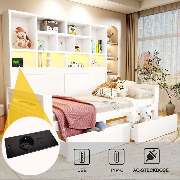 i@home Ausziehbett Schlafsofa 90 × 200 cm Einzelbett,Jugendbettgestell,Holzsofa Bett,Weiß (offenem Schrank), mit multifunktionalem Stauraum,LED-Beleuchtung, Steckdosen, Schubladen – Bild 3