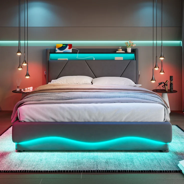 LVHOM Polsterbett 140x200cm mit LED&USB, Doppelbett mit Bettkasten, Jugendbett mit Kopfteil, Stauraumbett mit Lattenrost, Boxspringbett Dunkelgrau – Bild 4