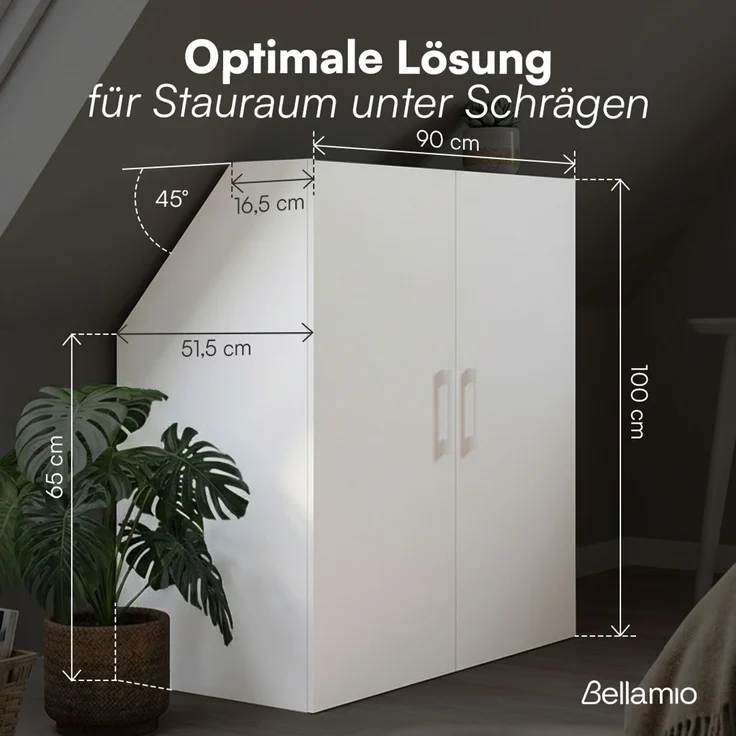 Bellamio 'Aland' Dachschrägenregal mit Türen, weiß, 100x52x90 cm, Schrank für Dachschräge mit 3 Fächern – Bild 5